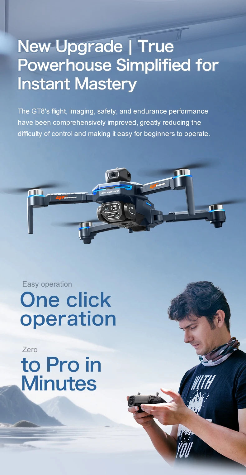 The GT8 drone is equipped with a 4.3-inch large-screen remote control, GPS, 8K triple camera, 5G WIFI, FPV brushless quadcopter