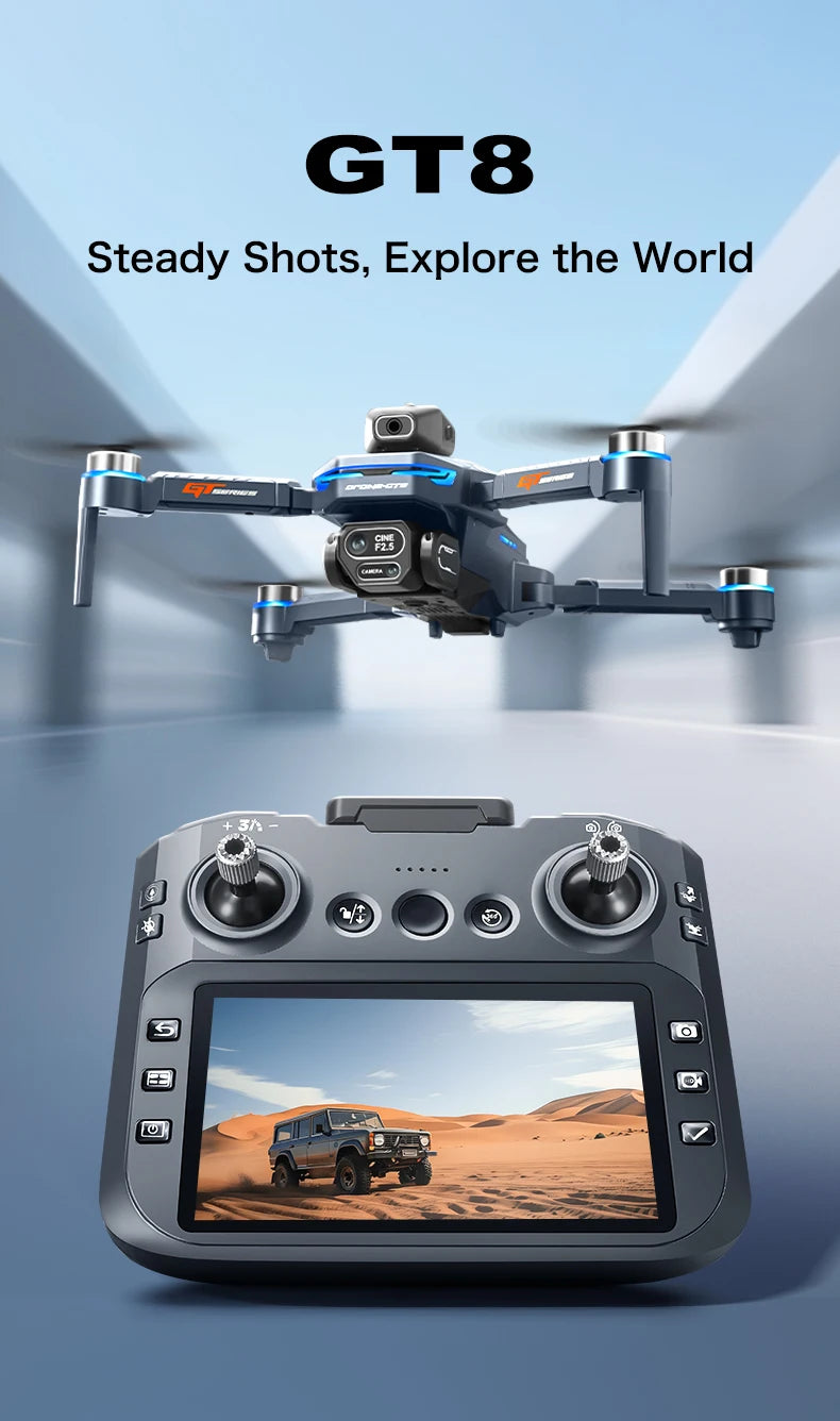 The GT8 drone is equipped with a 4.3-inch large-screen remote control, GPS, 8K triple camera, 5G WIFI, FPV brushless quadcopter