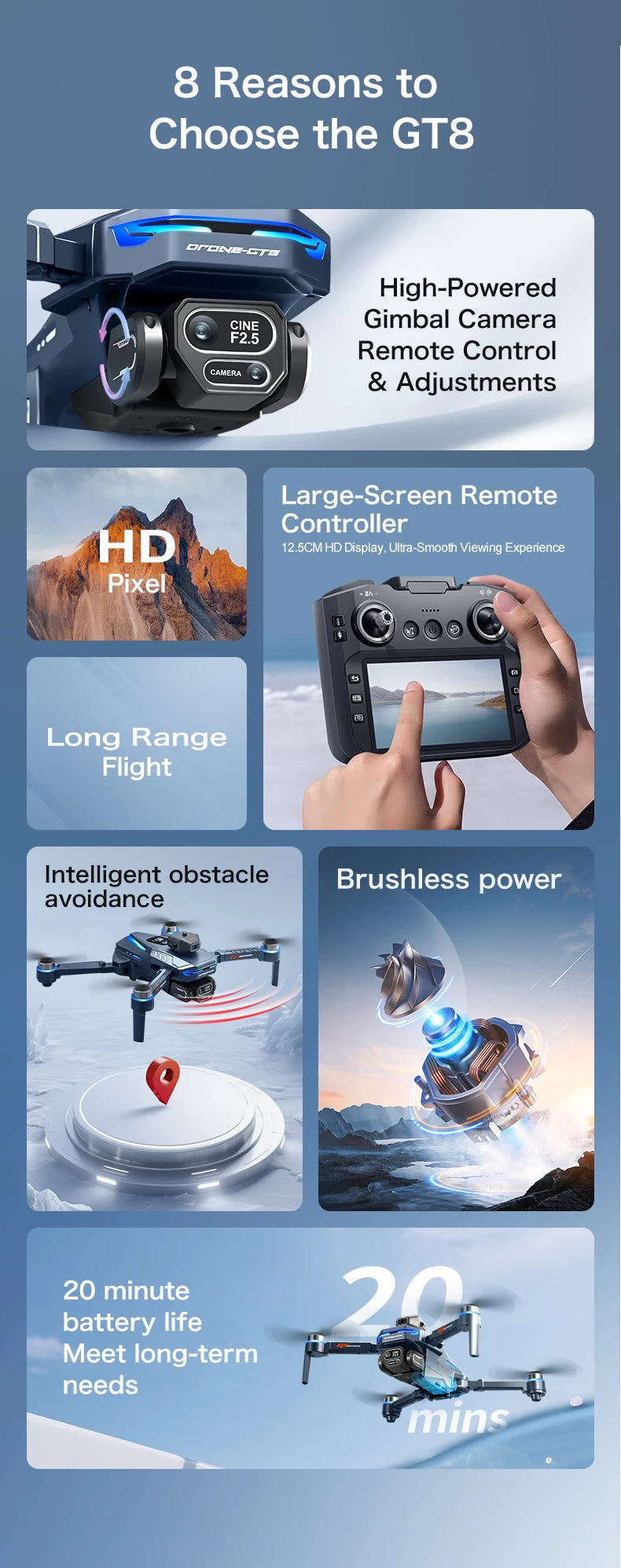 The GT8 drone is equipped with a 4.3-inch large-screen remote control, GPS, 8K triple camera, 5G WIFI, FPV brushless quadcopter