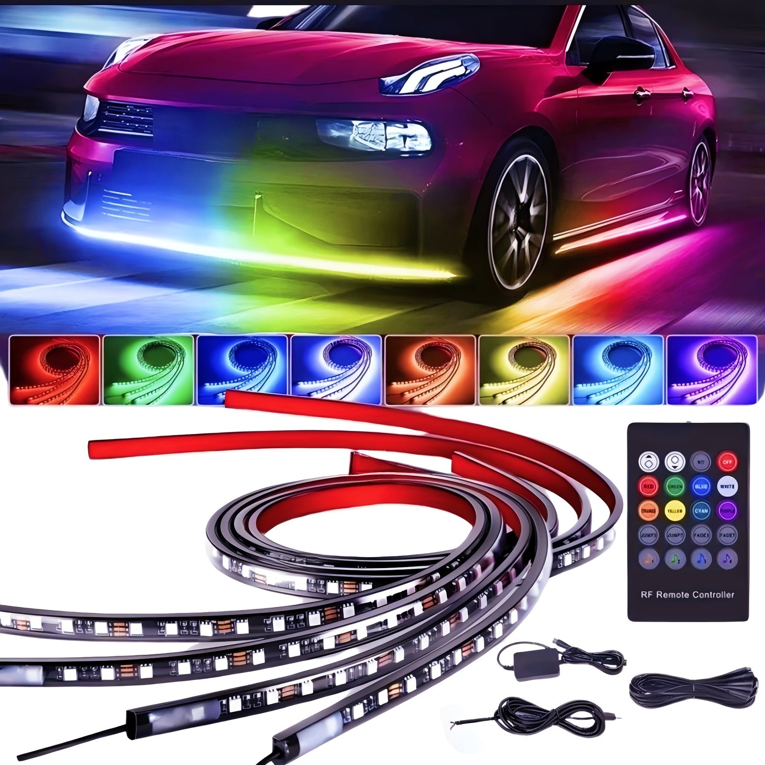 4pcs RGB Car Super Bright Universal Light Bar, Car LED Bottom Light Neon Light With App Dynamic RGB Color Change, Music Mode, Wireless Remote Control, Car Base Glow Light Bar, LED Light Base Glow Kit