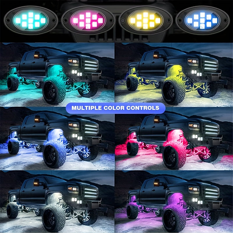 6/8/10pcs RGB LED Rock Lights - Mini Car Chassis Ambient Light with Remote Control APP Music Mode - For Trucks, ATV, UTV, SUVs, Off-road Pickups - 12-18V Car Accessories -  Enhance Car Interior Ambiance - Perfect Gift for Car