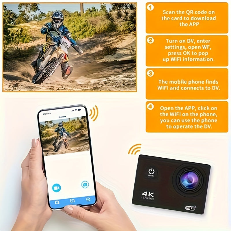 Sports 4K camera ultra high definition - waterproof, remote control with 32GB card, 170 ° wide-angle lens, 2.0 lnch Screen, image stabilization and accessory kit - suitable for shooting in multiple environments - Capture you