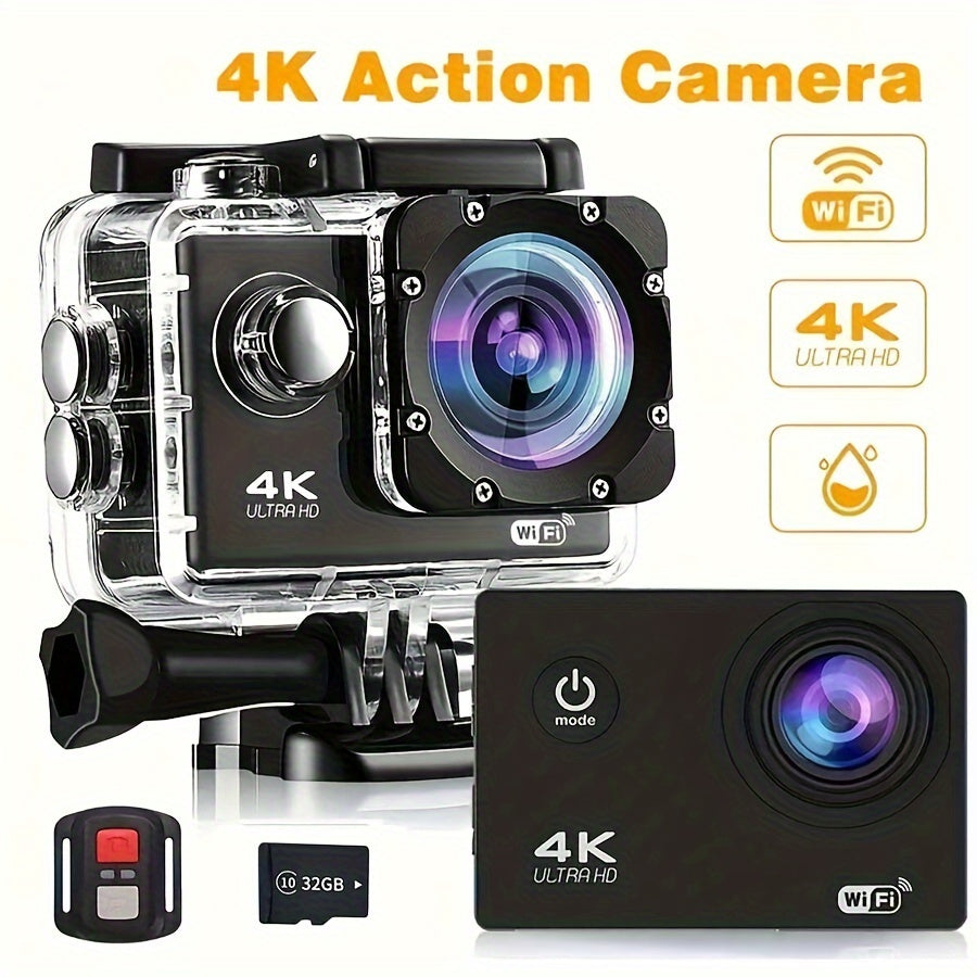 Sports 4K camera ultra high definition - waterproof, remote control with 32GB card, 170 ° wide-angle lens, 2.0 lnch Screen, image stabilization and accessory kit - suitable for shooting in multiple environments - Capture you