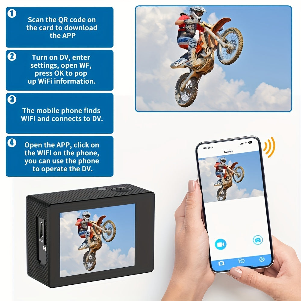 Sports 4K camera ultra high definition - waterproof, remote control with 32GB card, 170 ° wide-angle lens, 2.0 lnch Screen, image stabilization and accessory kit - suitable for shooting in multiple environments - Capture you