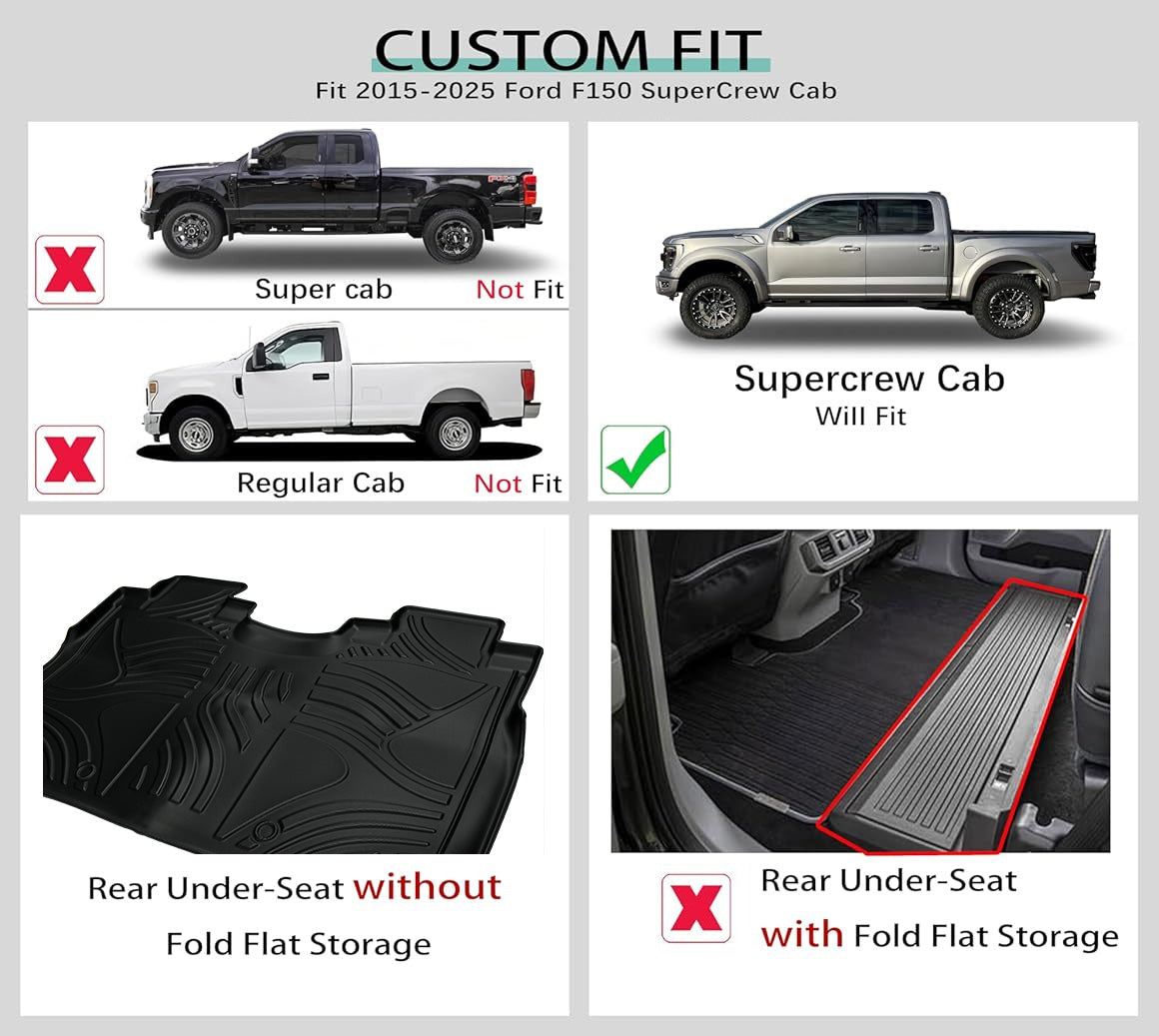 TPE All-Weather Floor Mats for Ford F150 2015-2025 – 3-Piece SuperCrew Set
