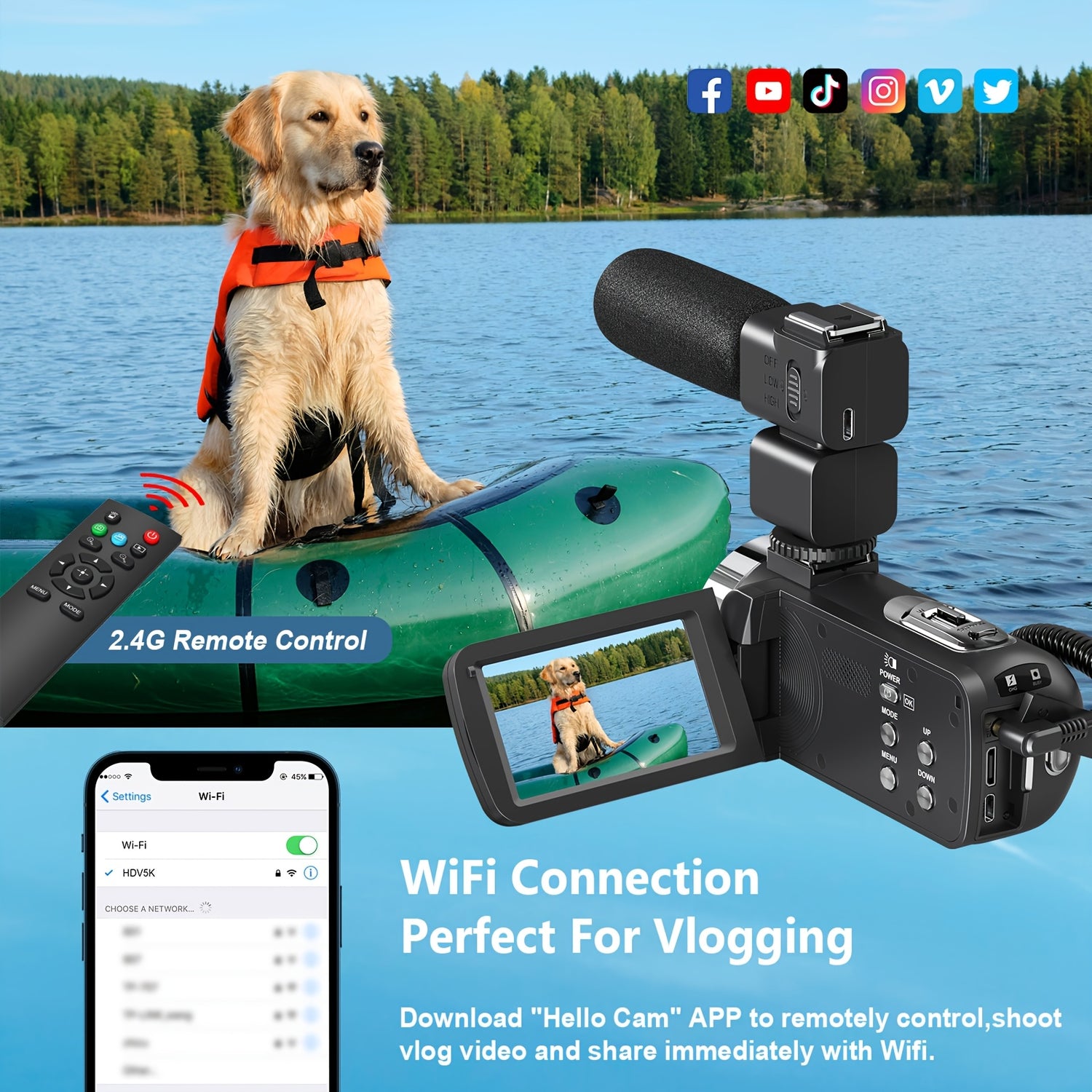 5K   64MP Camcorder IR Night Vision Vlogging  18X Zoom WiFi Digital  for  3.0'' Touch Screen Recorder  with 32GB SD Card, Microphone, 2.4G Remote Control