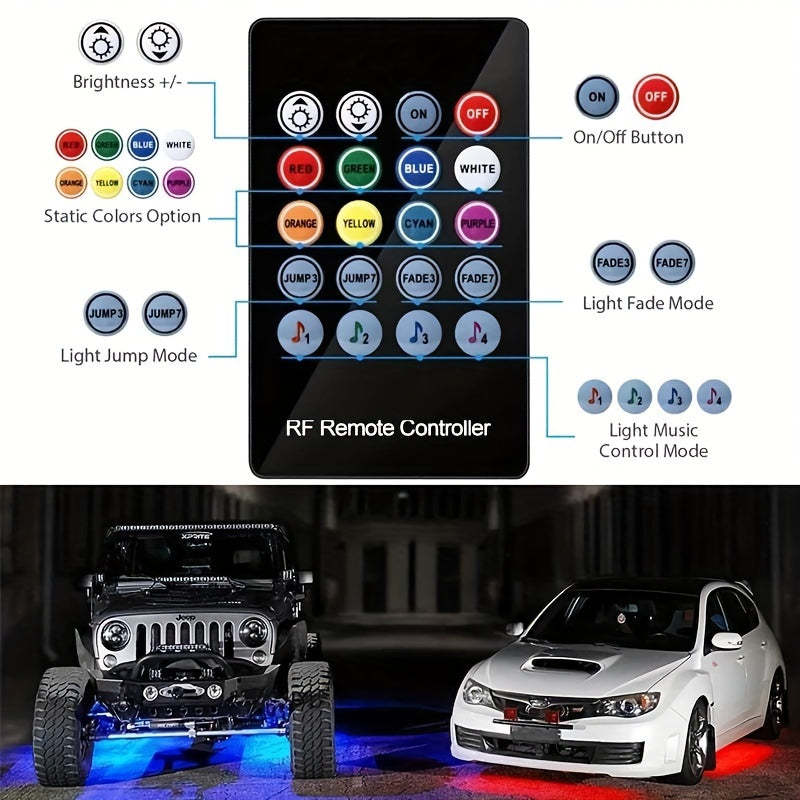 4pcs RGB Car Super Bright Universal Light Bar, Car LED Bottom Light Neon Light With App Dynamic RGB Color Change, Music Mode, Wireless Remote Control, Car Base Glow Light Bar, LED Light Base Glow Kit