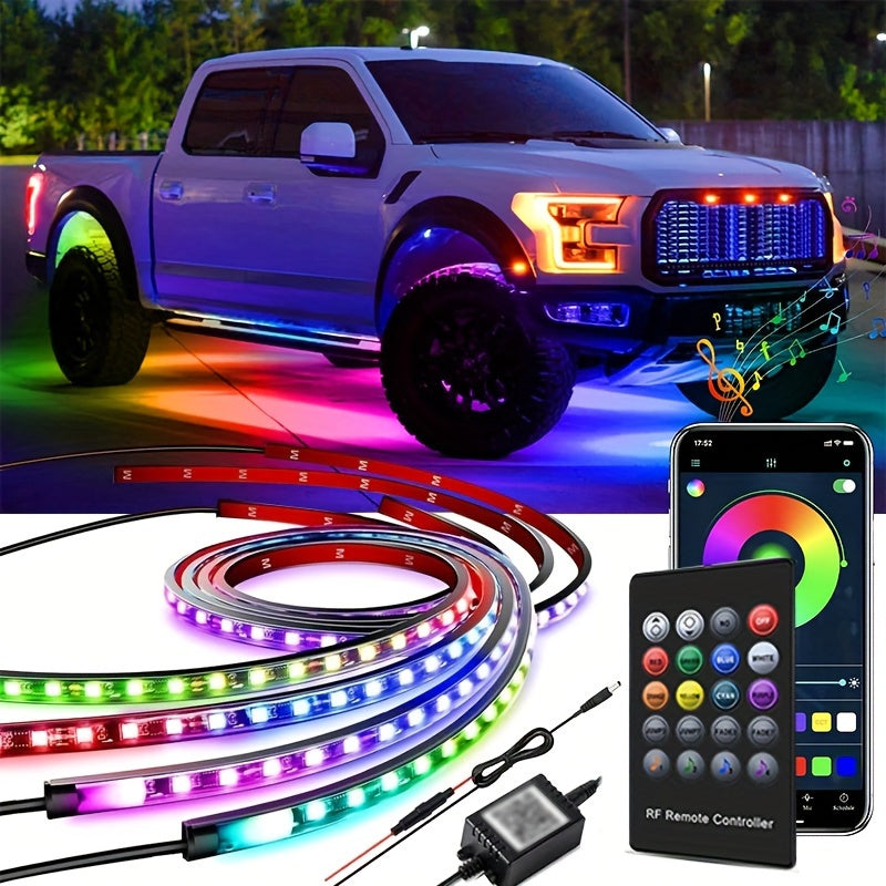 A Set Of PC Car Micro Neon Lights With LED RGB 160 Million Color Sound Function Music Mode, Car Atmosphere Light Strip Wireless Remote Control Body Light Strip, Suitable For Cars, Vans, SUVs And Trucks