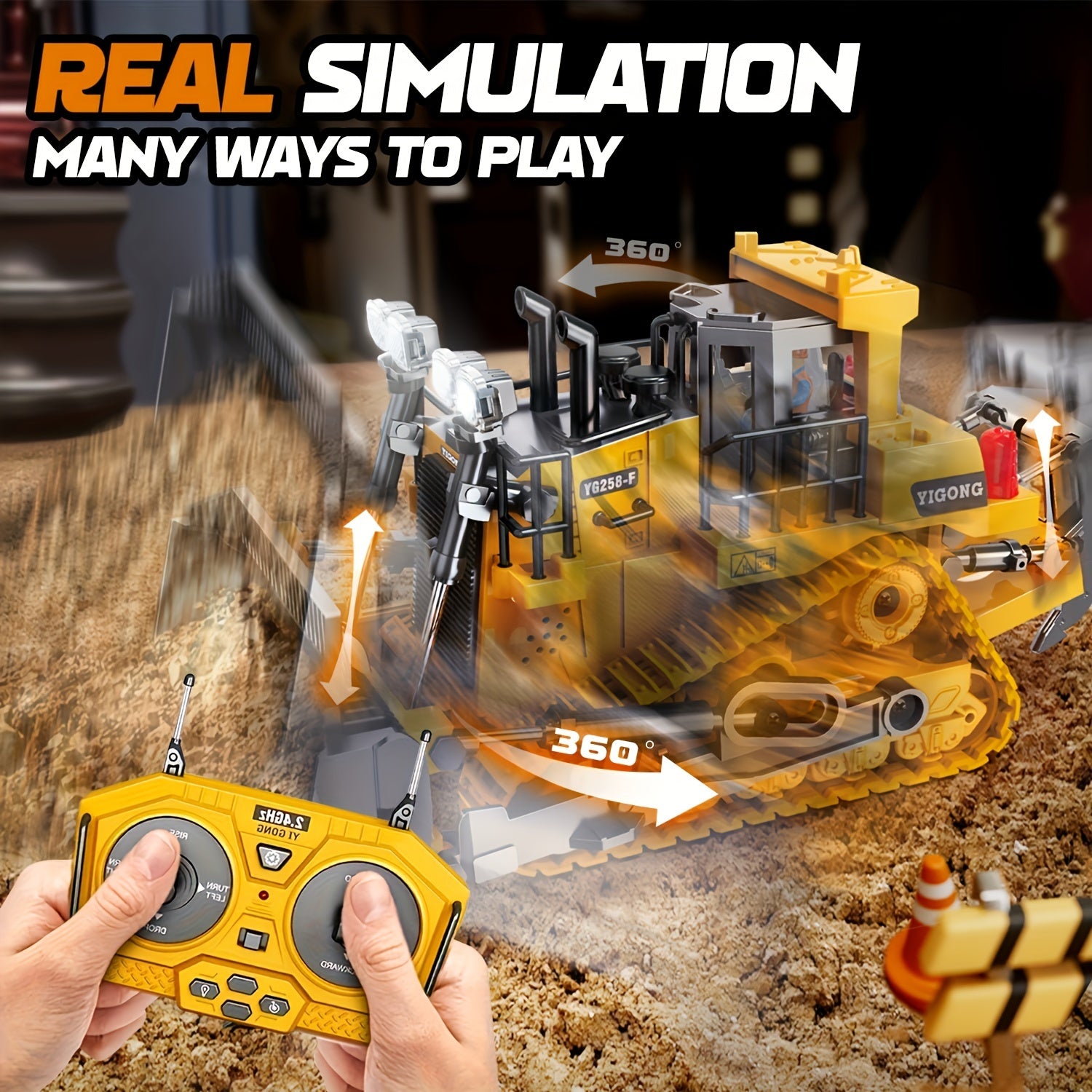 1:24 Scale Metal Bulldozer - Construction Vehicle with Eight-Channel Remote Control, LED Lights, Sound Effects - Perfect Holiday Gift for Kids