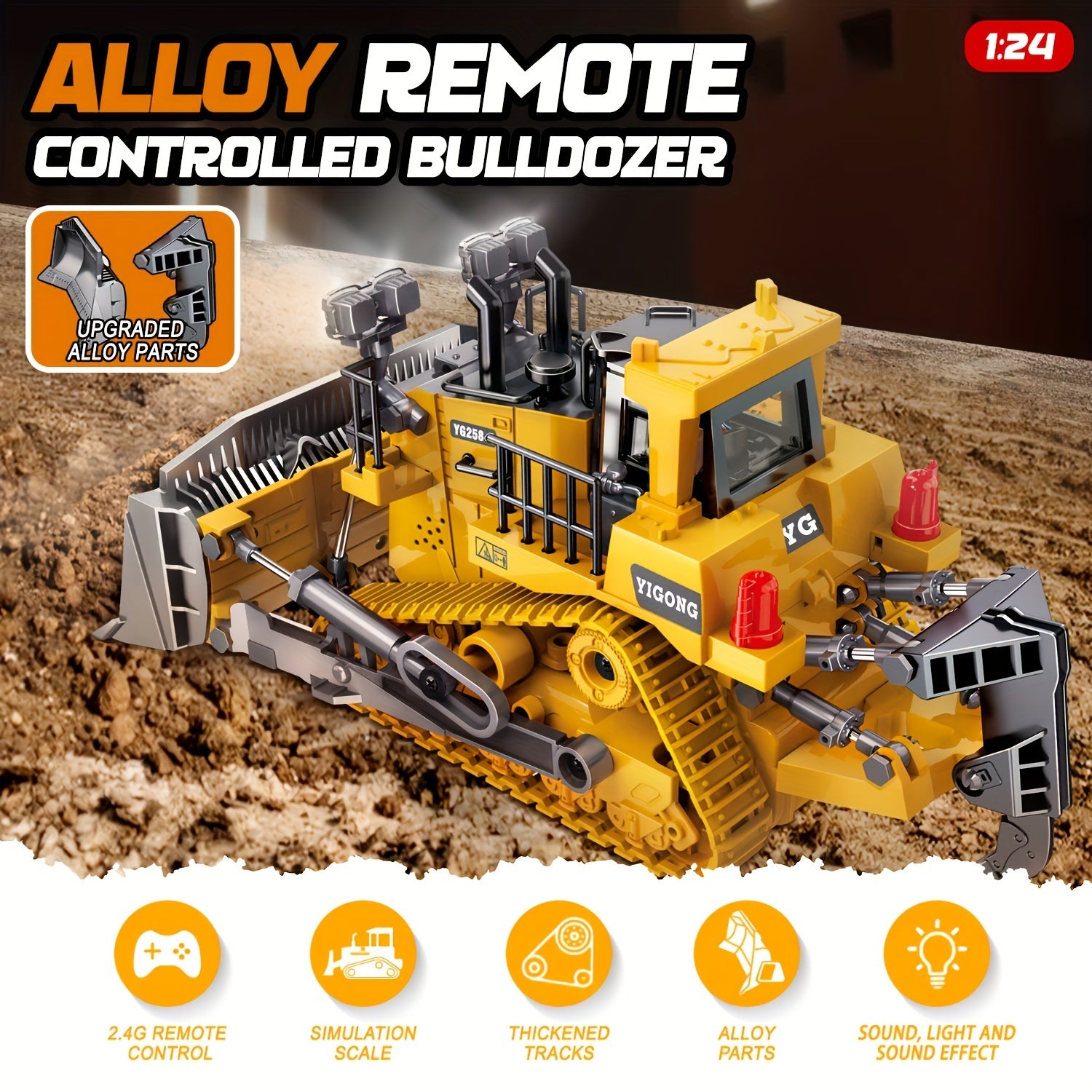 1:24 Scale Metal Bulldozer - Construction Vehicle with Eight-Channel Remote Control, LED Lights, Sound Effects - Perfect Holiday Gift for Kids