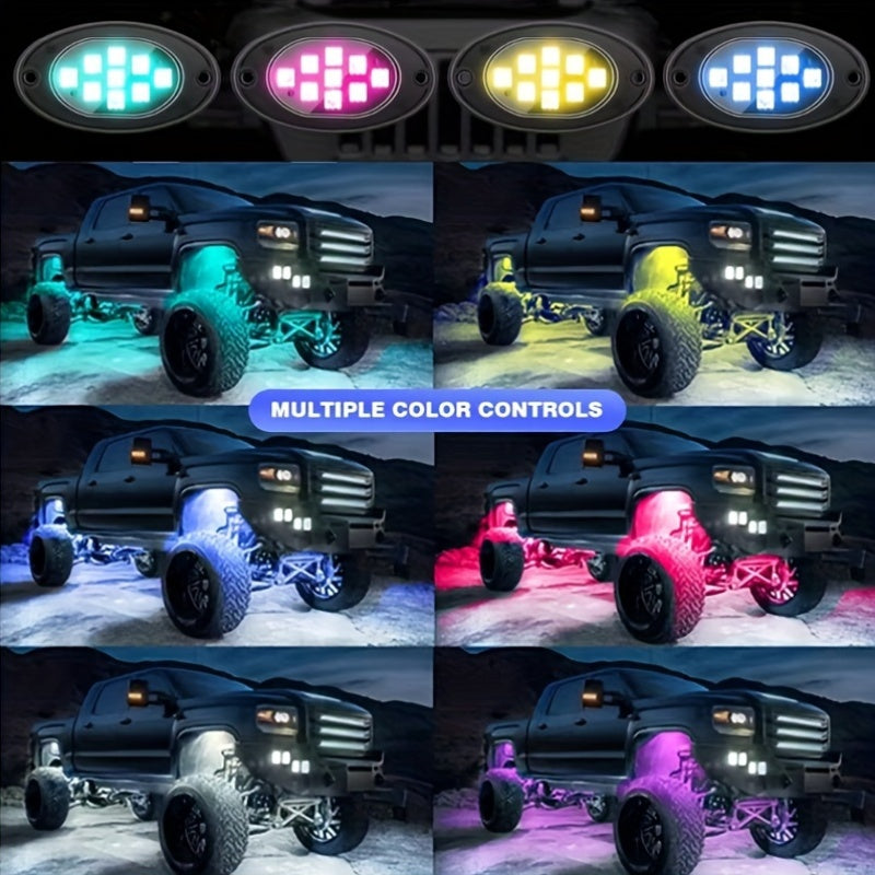 [RGB LED Rock Lights] RGB LED Rock Lights 4/6/8/10Pods | App/Remote Control, Timing & Music Mode for Trucks, ATV, RZR, UTV, SUV, Off Road, AUTO, Motorcycle - Without Battery