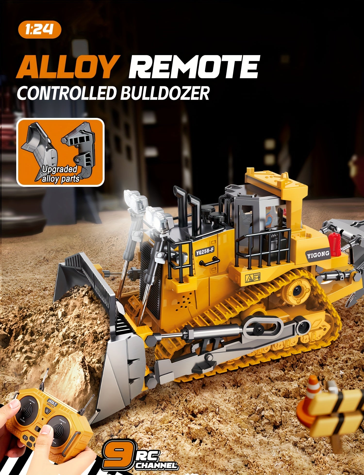 1:24 Scale Metal Bulldozer - Construction Vehicle with Eight-Channel Remote Control, LED Lights, Sound Effects - Perfect Holiday Gift for Kids