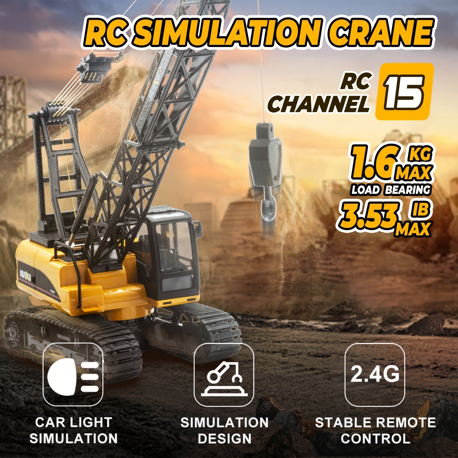 1:15 Scale 15-Channel Electric Golden Remote Control Crane with 2.4GHz Remote, Heavy-Duty Hook, and LED Lights - Perfect Birthday, Halloween, and Christmas Gift