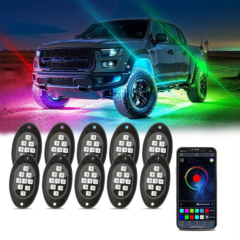 6/8/10pcs RGB LED Rock Lights - Mini Car Chassis Ambient Light with Remote Control APP Music Mode - For Trucks, ATV, UTV, SUVs, Off-road Pickups - 12-18V Car Accessories -  Enhance Car Interior Ambiance - Perfect Gift for Car