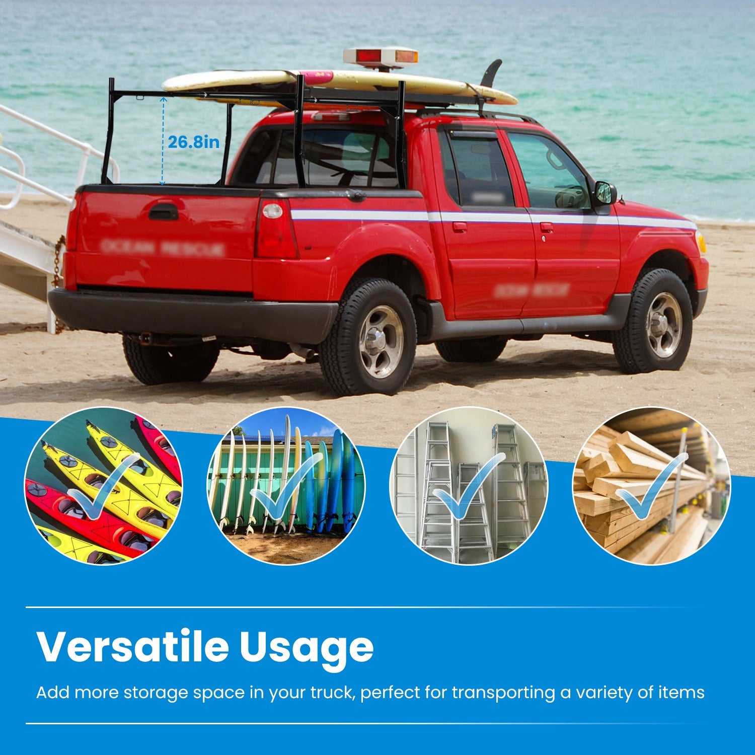 Extendable Truck Ladder Rack – Adjustable Steel Utility Rack for Pick-Up Trucks with 800LBS Capacity