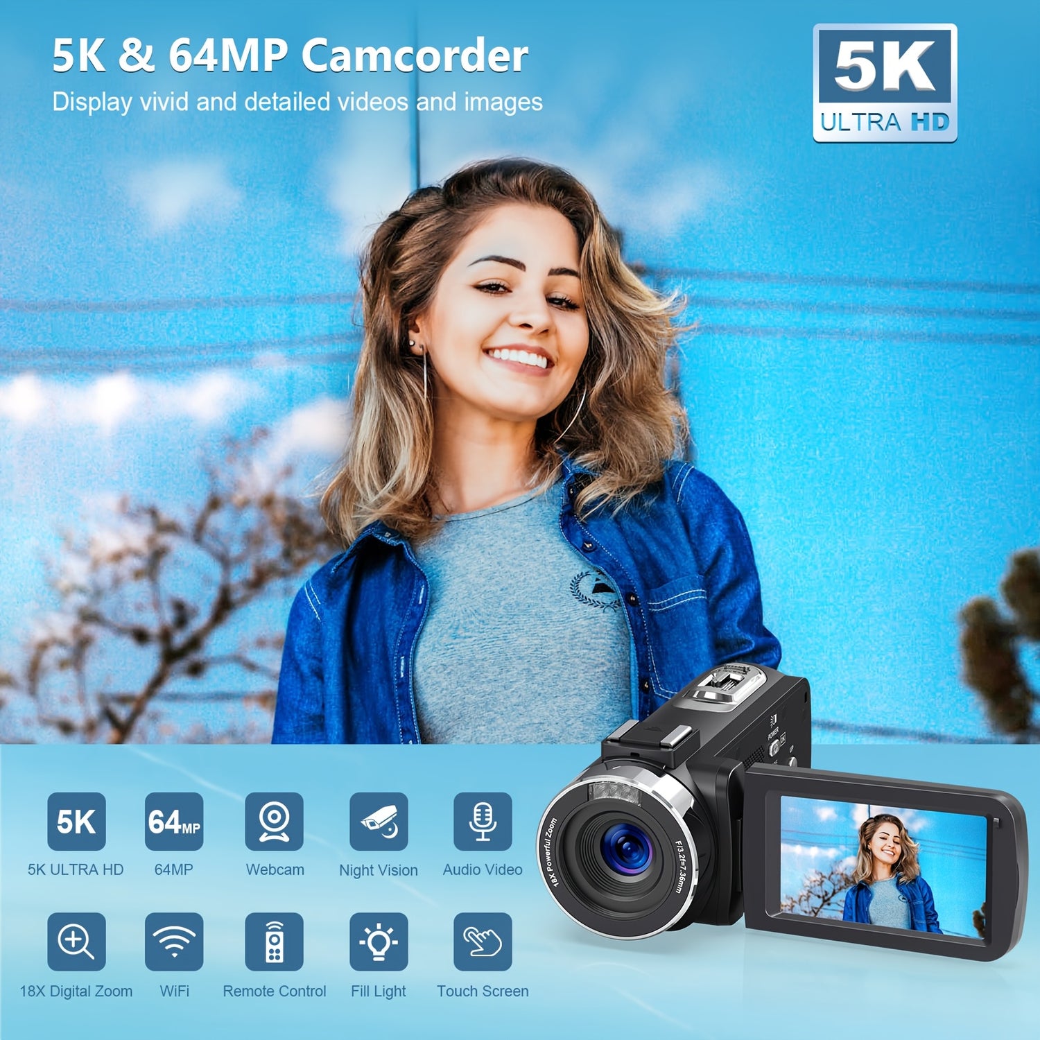 5K   64MP Camcorder IR Night Vision Vlogging  18X Zoom WiFi Digital  for  3.0'' Touch Screen Recorder  with 32GB SD Card, Microphone, 2.4G Remote Control