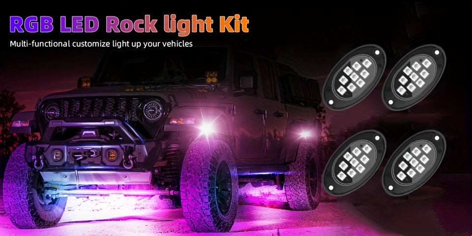 [RGB LED Rock Lights] RGB LED Rock Lights 4/6/8/10Pods | App/Remote Control, Timing & Music Mode for Trucks, ATV, RZR, UTV, SUV, Off Road, AUTO, Motorcycle - Without Battery