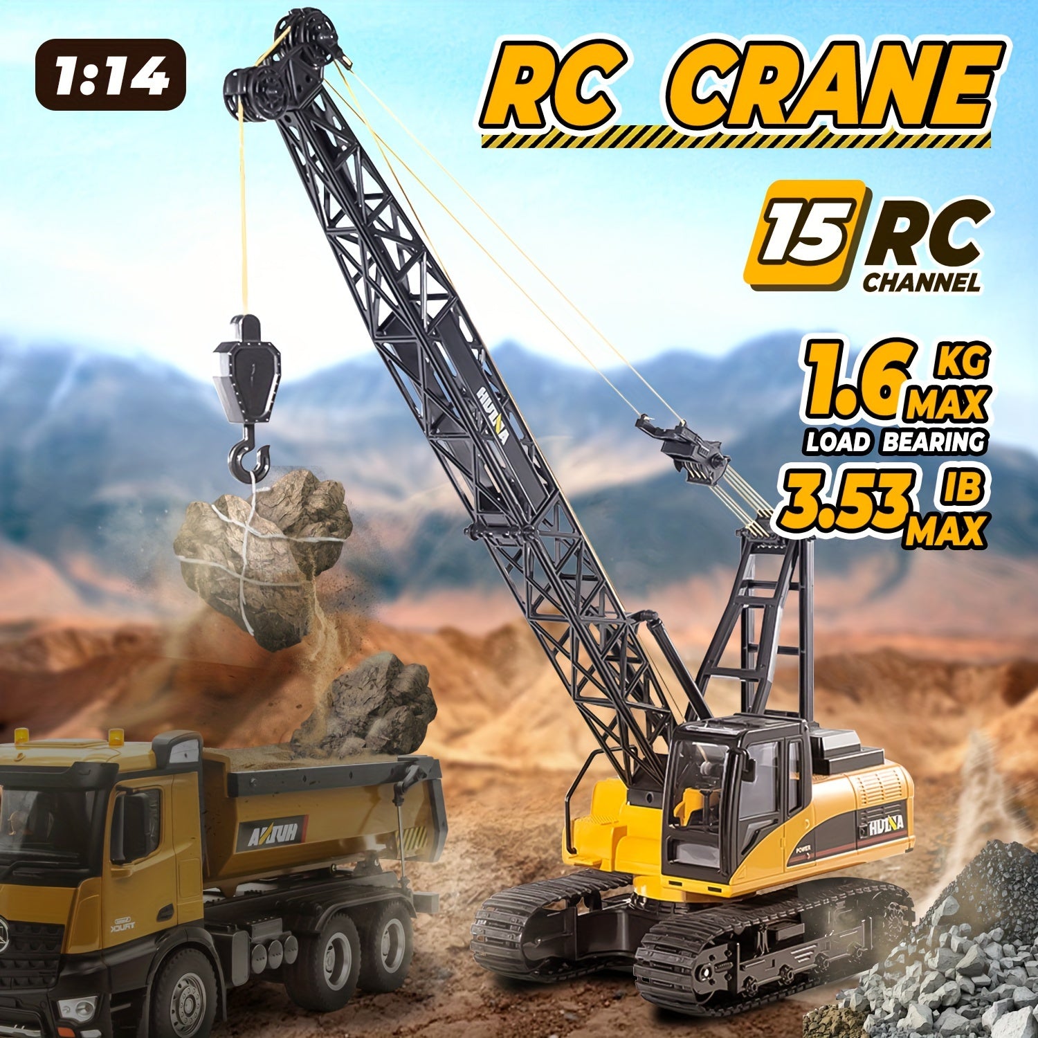 1:15 Scale 15-Channel Electric Golden Remote Control Crane with 2.4GHz Remote, Heavy-Duty Hook, and LED Lights - Perfect Birthday, Halloween, and Christmas Gift
