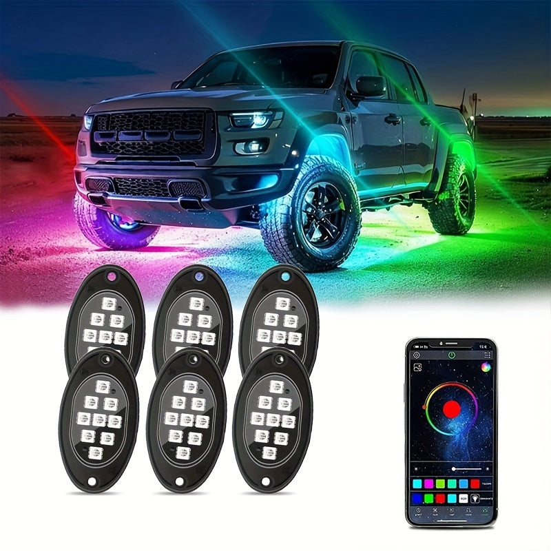 6/8/10pcs RGB LED Rock Lights - Mini Car Chassis Ambient Light with Remote Control APP Music Mode - For Trucks, ATV, UTV, SUVs, Off-road Pickups - 12-18V Car Accessories -  Enhance Car Interior Ambiance - Perfect Gift for Car
