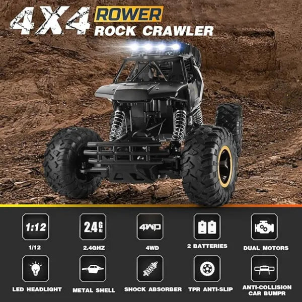 3-Battery RC Rock Crawler Truck - Off-Road 4WD with Metal Shell & LED Lights