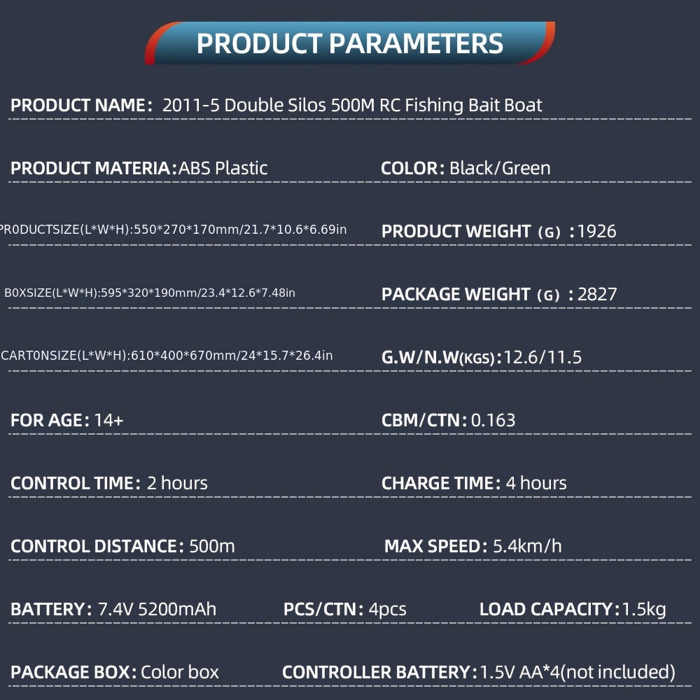 TOMSHOO Flytec Fishing Bait Boat 500m Remote Control Bait Boat Dual Motor Fish Finder 1.5KG Loading With LED Light For Fishing