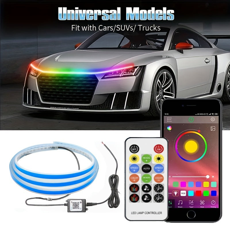 2PCS Car Exterior Lights, 59/71 Inch Car Hood Light Strip Chase, RGB LED Light Strip Flexible Waterproof LED Daytime Running Lights, Wireless APP And Remote Control