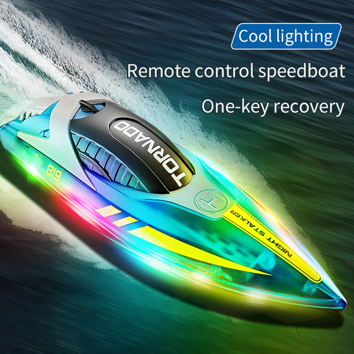 Top Speed of 30Km/ H, Small High-Speed Remote-Controlled Speedboat Comes with LED Night Navigation Lights, 2.4G Remote Control, Anti Capsizing, Circulating Cold Water Device, Christmas, Birthday Gif