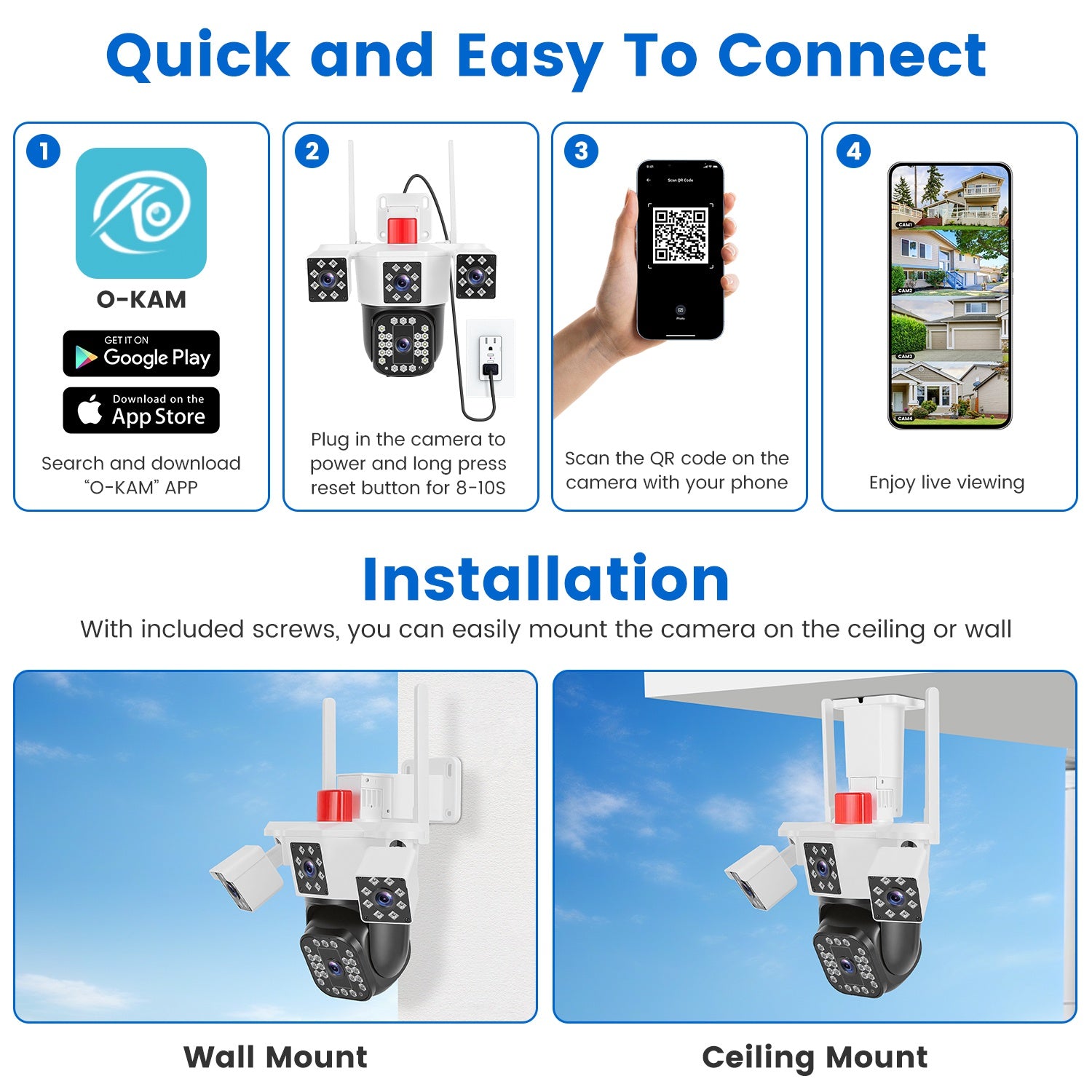 1080P HD 4-Lens Security Camera – 360° Pan & Tilt WiFi Surveillance