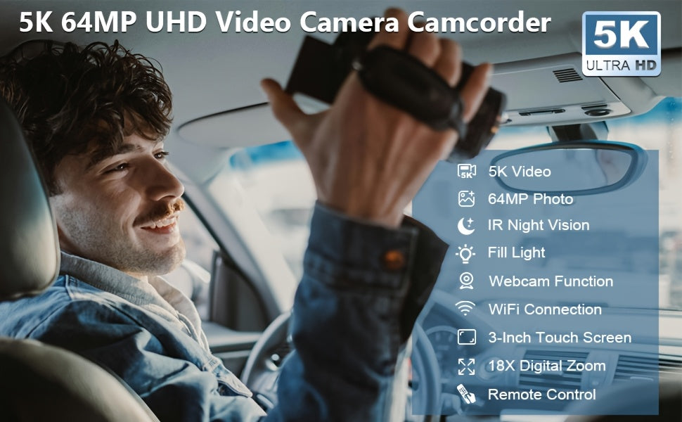 5K   64MP Camcorder IR Night Vision Vlogging  18X Zoom WiFi Digital  for  3.0'' Touch Screen Recorder  with 32GB SD Card, Microphone, 2.4G Remote Control