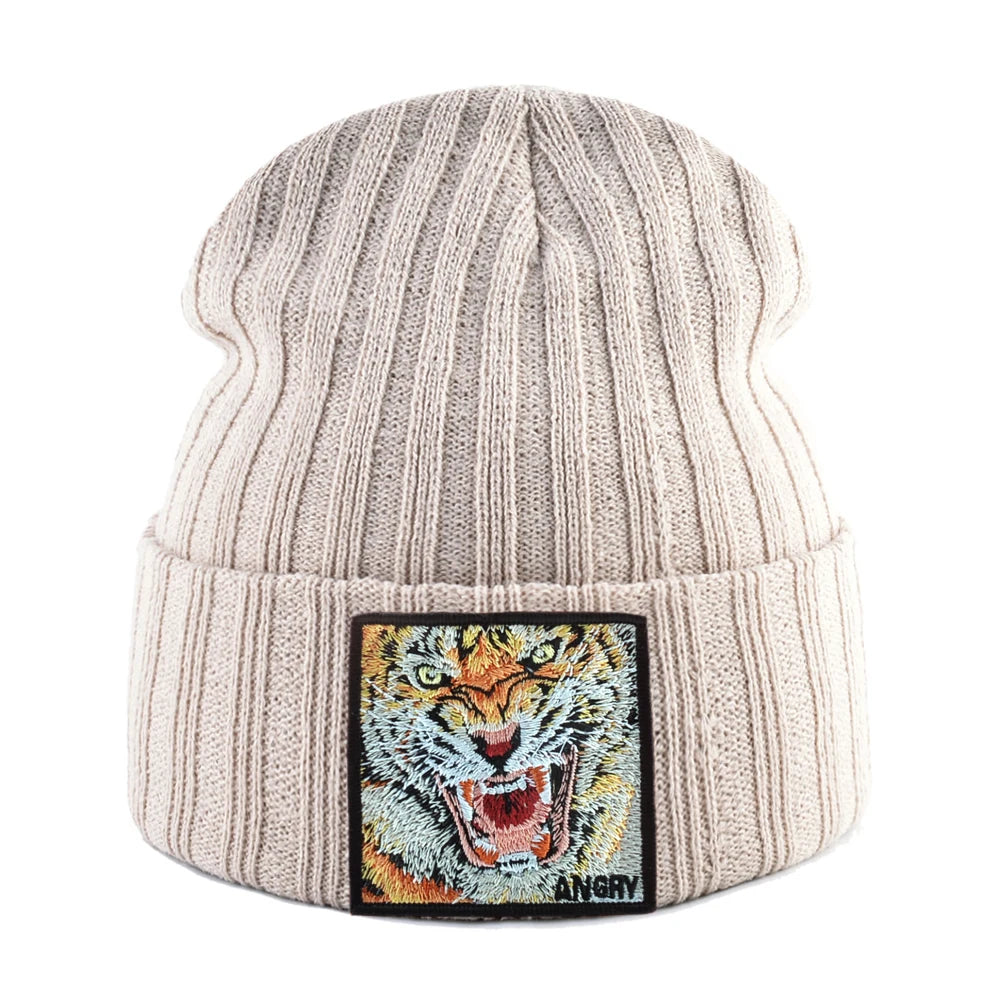 New Fashion Knitted Beanie Hats With Embroidery Tiger Patch Hip Hop Skullies Beanies Men Women Winter Knit Solid Color Ski Hat