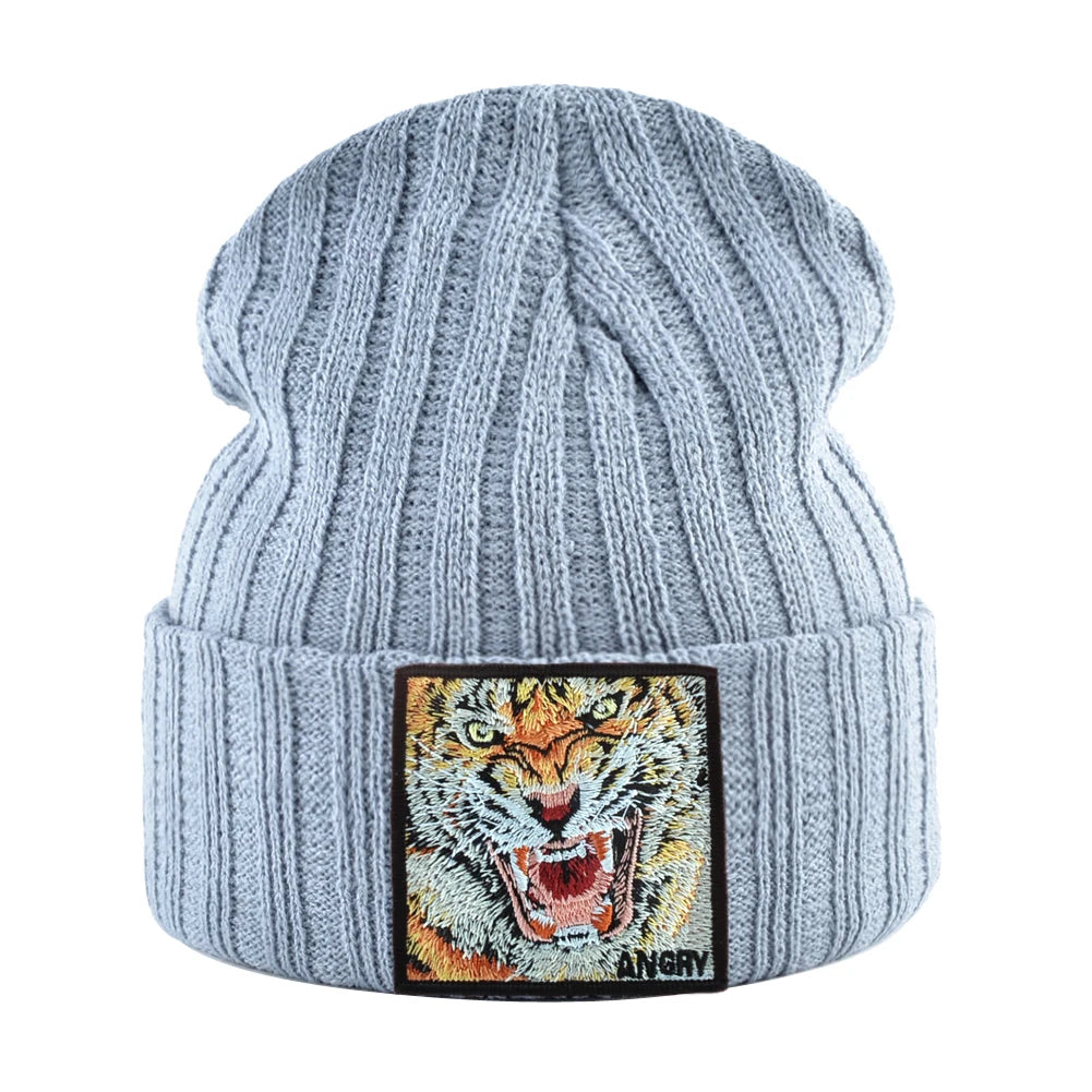 New Fashion Knitted Beanie Hats With Embroidery Tiger Patch Hip Hop Skullies Beanies Men Women Winter Knit Solid Color Ski Hat