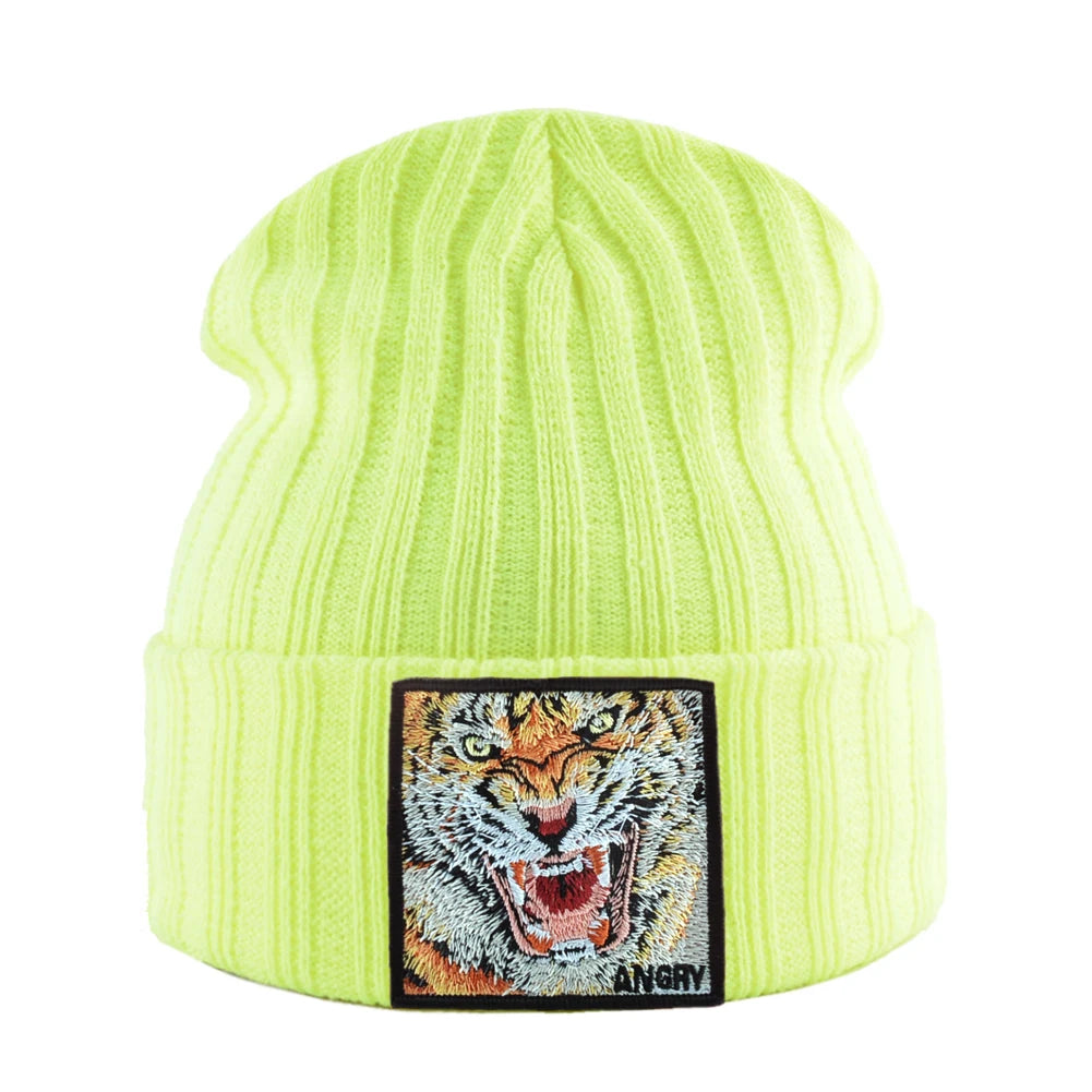 New Fashion Knitted Beanie Hats With Embroidery Tiger Patch Hip Hop Skullies Beanies Men Women Winter Knit Solid Color Ski Hat