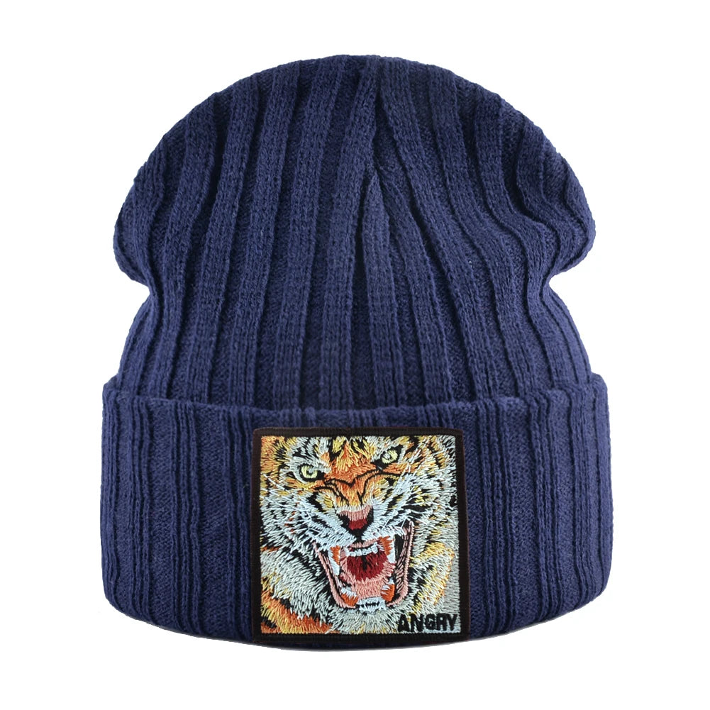 New Fashion Knitted Beanie Hats With Embroidery Tiger Patch Hip Hop Skullies Beanies Men Women Winter Knit Solid Color Ski Hat