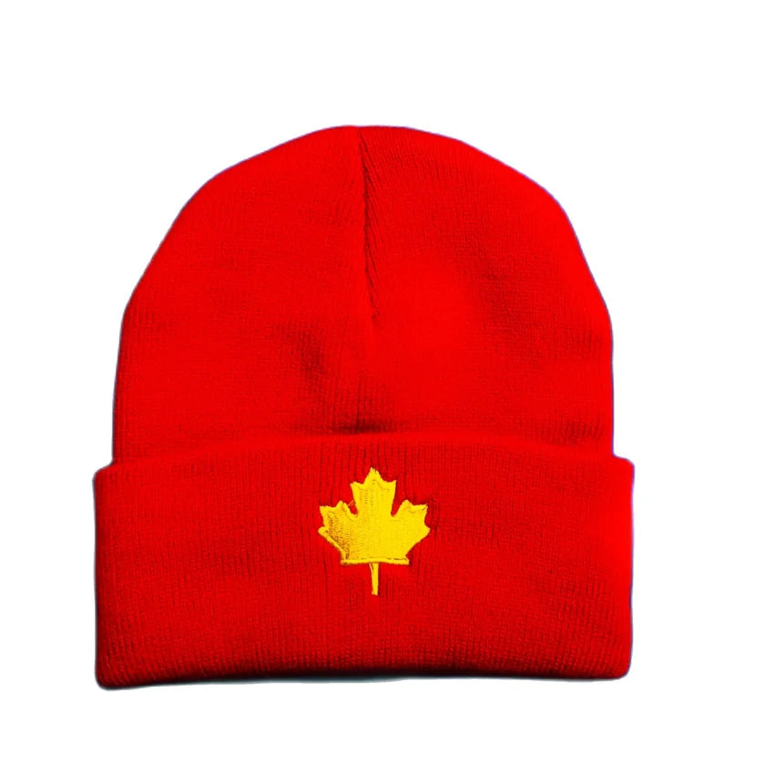 Autumn Winter CA Red Maple Leaf Embroidered Knitted Acrylic Beanies Hat Men and Women Casual All Match Warm Wool Cold Caps W125