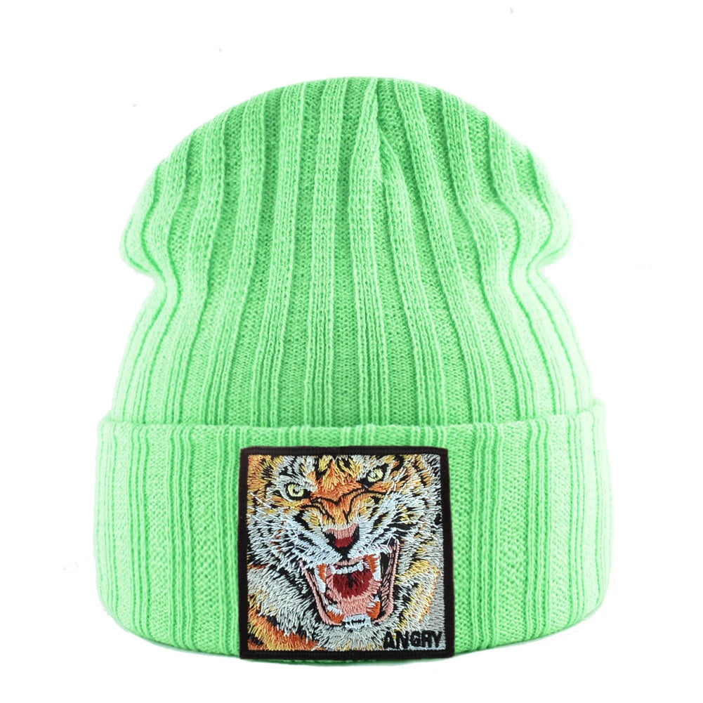 New Fashion Knitted Beanie Hats With Embroidery Tiger Patch Hip Hop Skullies Beanies Men Women Winter Knit Solid Color Ski Hat