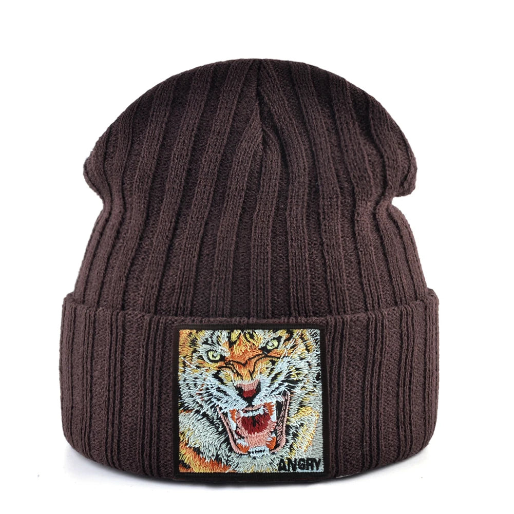 New Fashion Knitted Beanie Hats With Embroidery Tiger Patch Hip Hop Skullies Beanies Men Women Winter Knit Solid Color Ski Hat