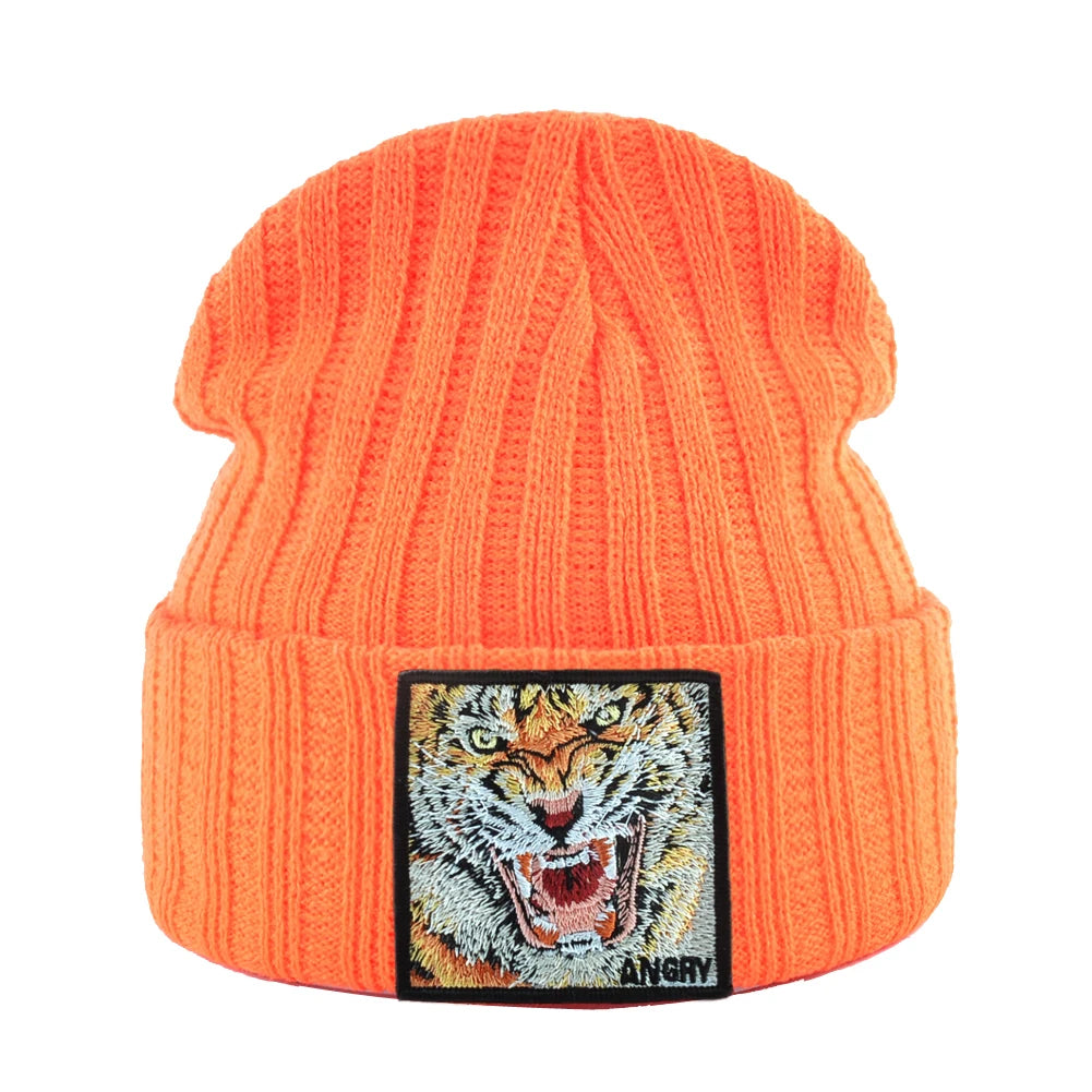 New Fashion Knitted Beanie Hats With Embroidery Tiger Patch Hip Hop Skullies Beanies Men Women Winter Knit Solid Color Ski Hat