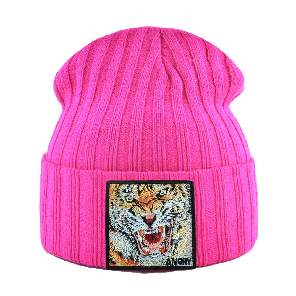 New Fashion Knitted Beanie Hats With Embroidery Tiger Patch Hip Hop Skullies Beanies Men Women Winter Knit Solid Color Ski Hat
