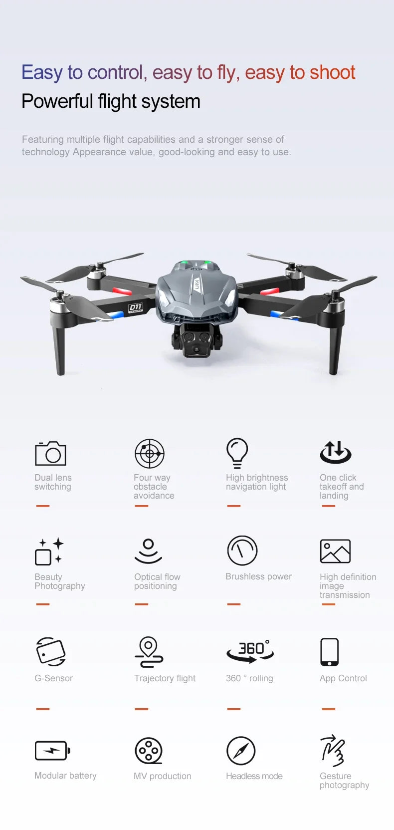 VIVO D11 Drone 8K Aerial HD Gradient Flowing Light Dual-Camera Omnidirectional Obstacle Avoidance Brushless Motor GPS UAV