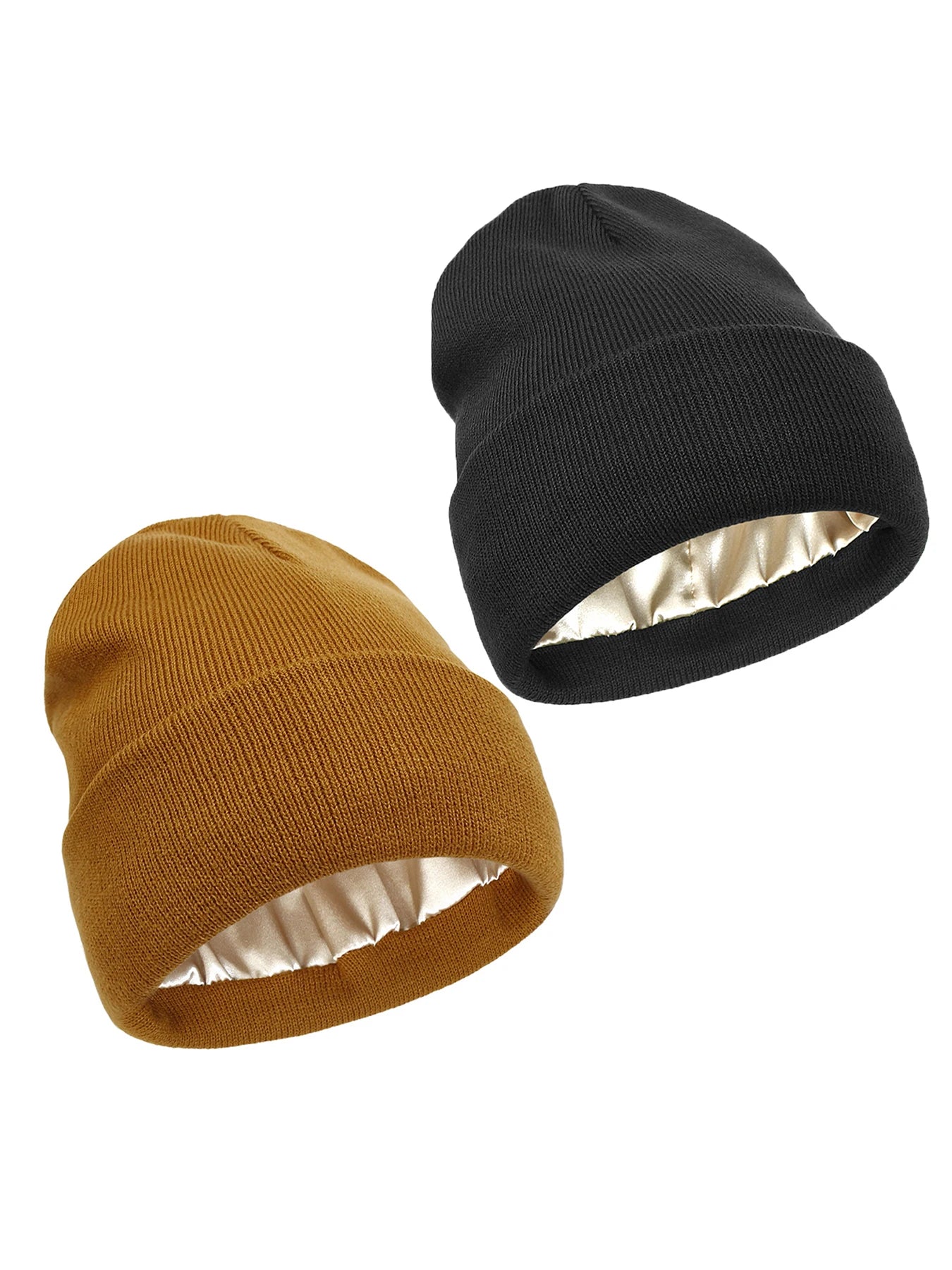 2Pcs Unisex Satin Lined Knit Beanie Hat Acrylic Winter Hats for Women Silk Lining Soft Slouchy Warm Cuffed SKullies Cap Men