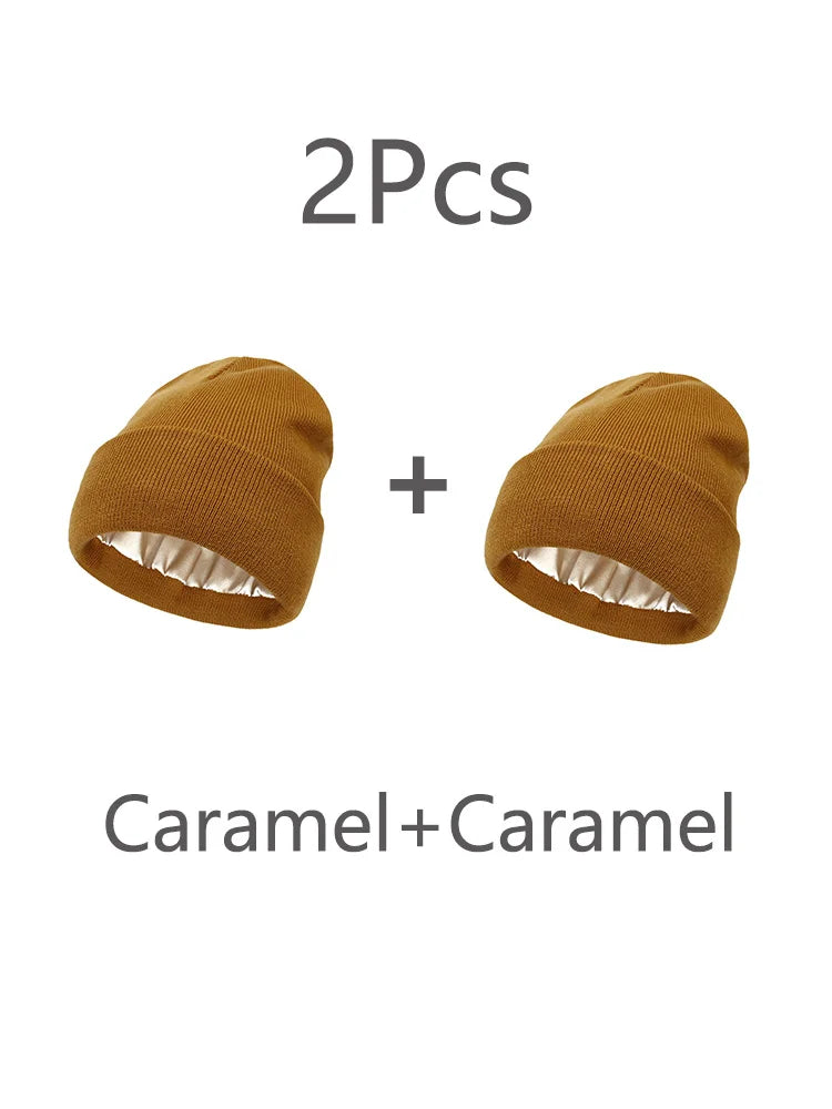 2Pcs Unisex Satin Lined Knit Beanie Hat Acrylic Winter Hats for Women Silk Lining Soft Slouchy Warm Cuffed SKullies Cap Men