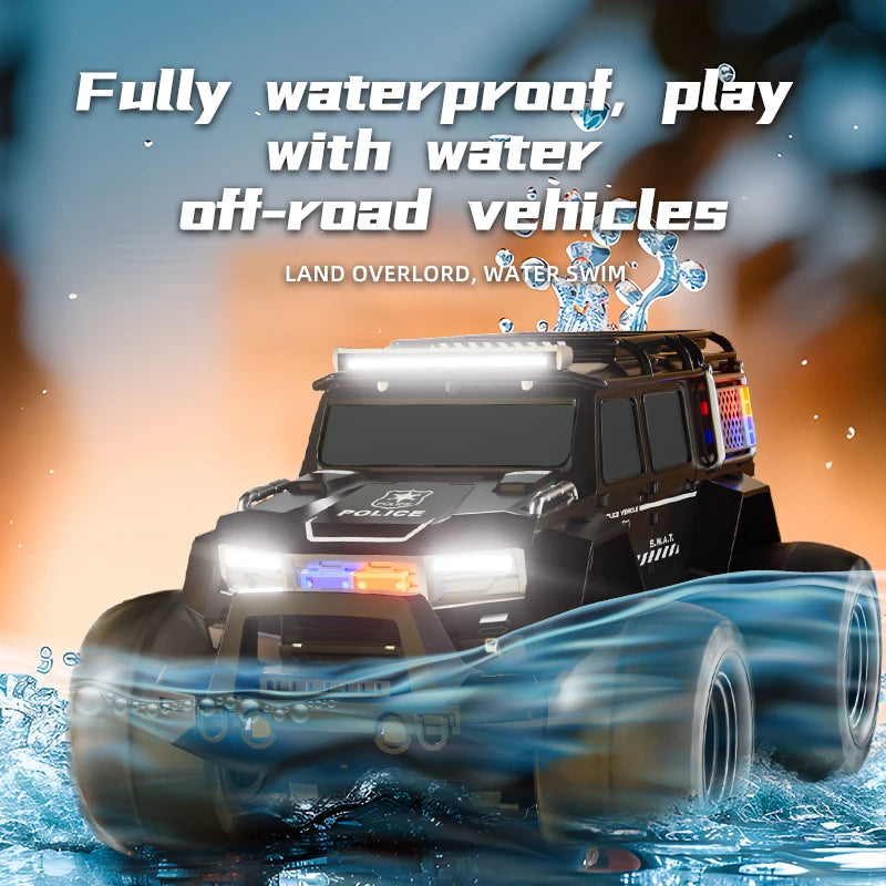 Amphibious remote-controlled off-road vehicle with four-way lighting, waterproof charging, racing car, police car, children's