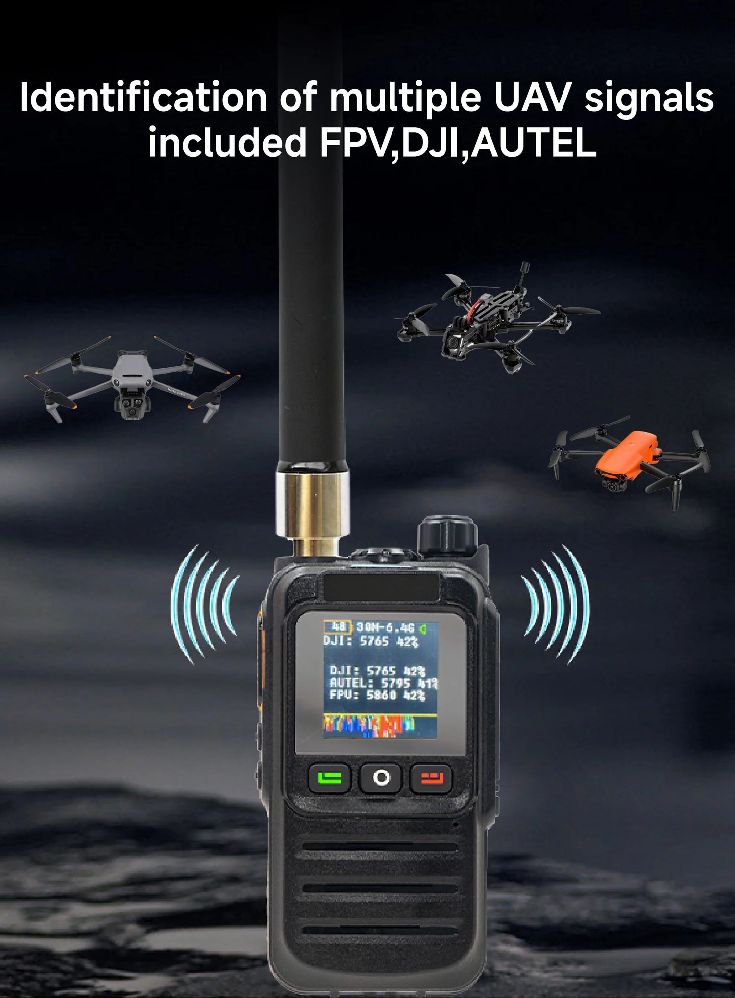 Drone Detector Anti Drone Detection 3 Language 30MHz-6.4GHz Ultra Wide Range Built-in 6000mah Battery for UAV Accurate Detection