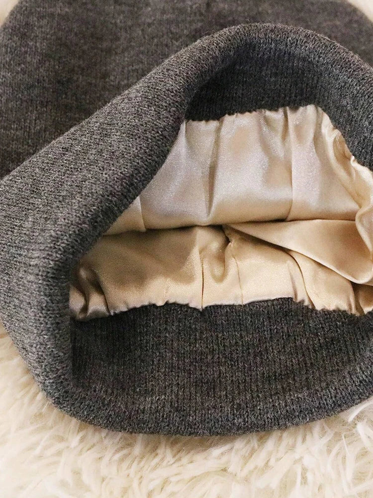 2Pcs Unisex Satin Lined Knit Beanie Hat Acrylic Winter Hats for Women Silk Lining Soft Slouchy Warm Cuffed SKullies Cap Men