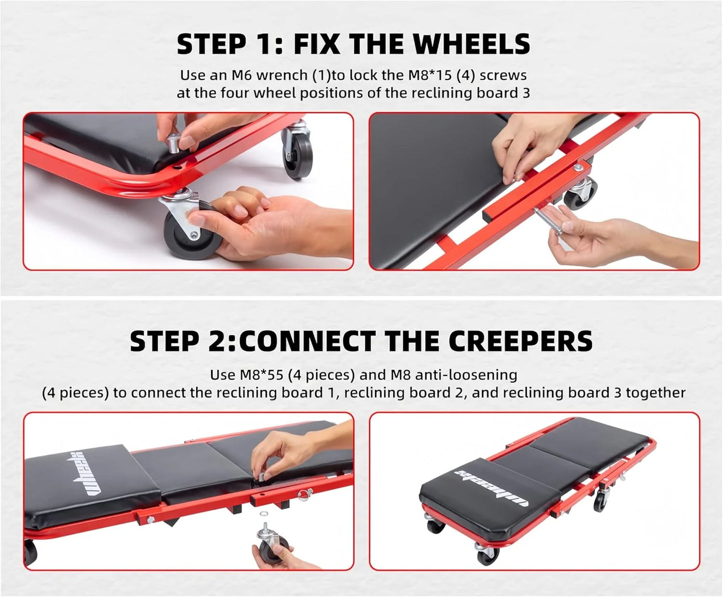 3-in-1 Rolling Mechanic Creeper Z Seat, Foldable Garage Chair Lay Down Sit Lean Back, Under Car Shop Auto Repair, Red Black