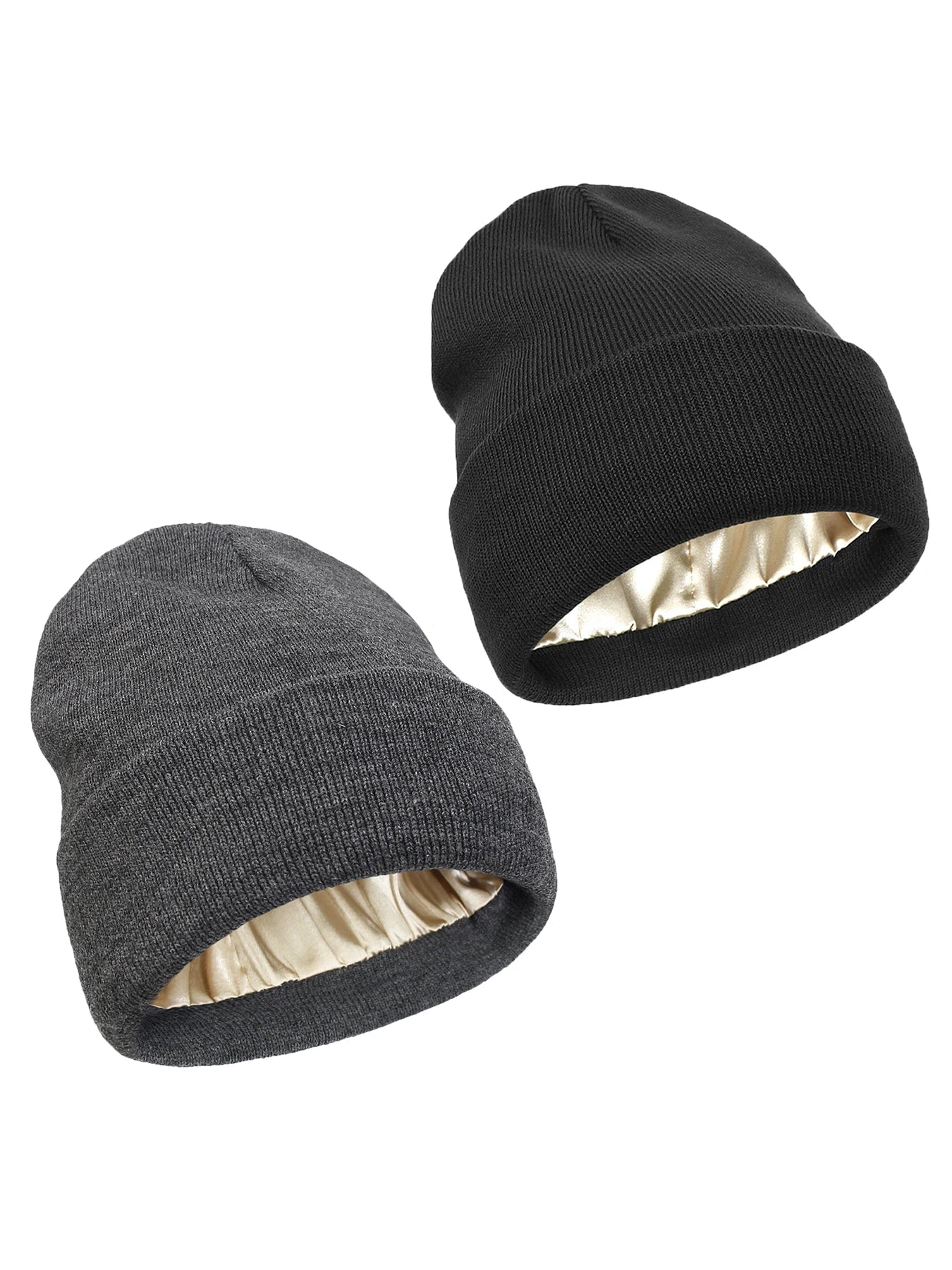 2Pcs Unisex Satin Lined Knit Beanie Hat Acrylic Winter Hats for Women Silk Lining Soft Slouchy Warm Cuffed SKullies Cap Men