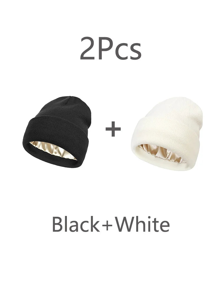 2Pcs Unisex Satin Lined Knit Beanie Hat Acrylic Winter Hats for Women Silk Lining Soft Slouchy Warm Cuffed SKullies Cap Men
