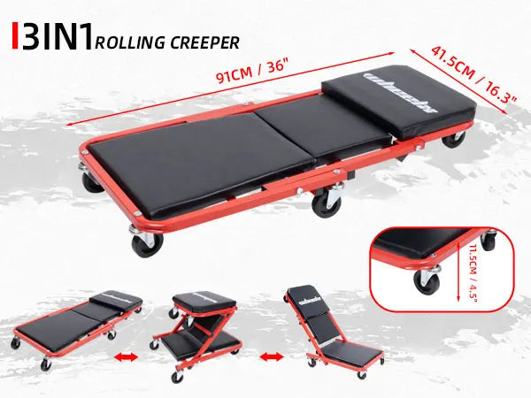 3-in-1 Rolling Mechanic Creeper Z Seat, Foldable Garage Chair Lay Down Sit Lean Back, Under Car Shop Auto Repair, Red Black
