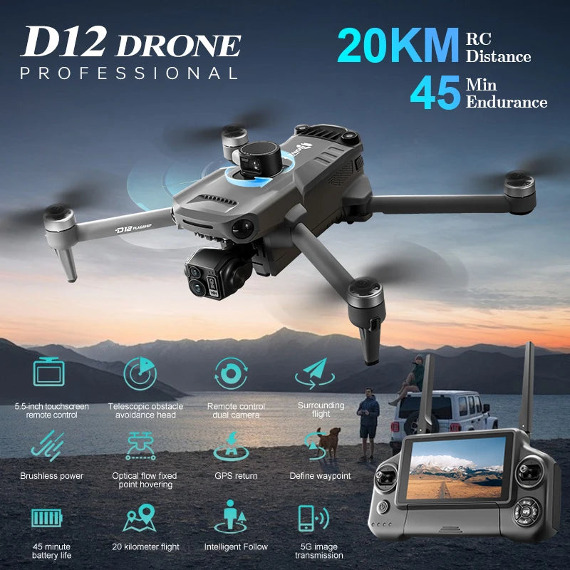ZLL D12 Drone With 8K HD Camera Screen Remote GPS 360° Obstacle Avoidance 5G Wifi FPV Brushless Motor RC Dron Load capacity 500g