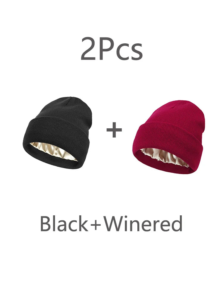 2Pcs Unisex Satin Lined Knit Beanie Hat Acrylic Winter Hats for Women Silk Lining Soft Slouchy Warm Cuffed SKullies Cap Men